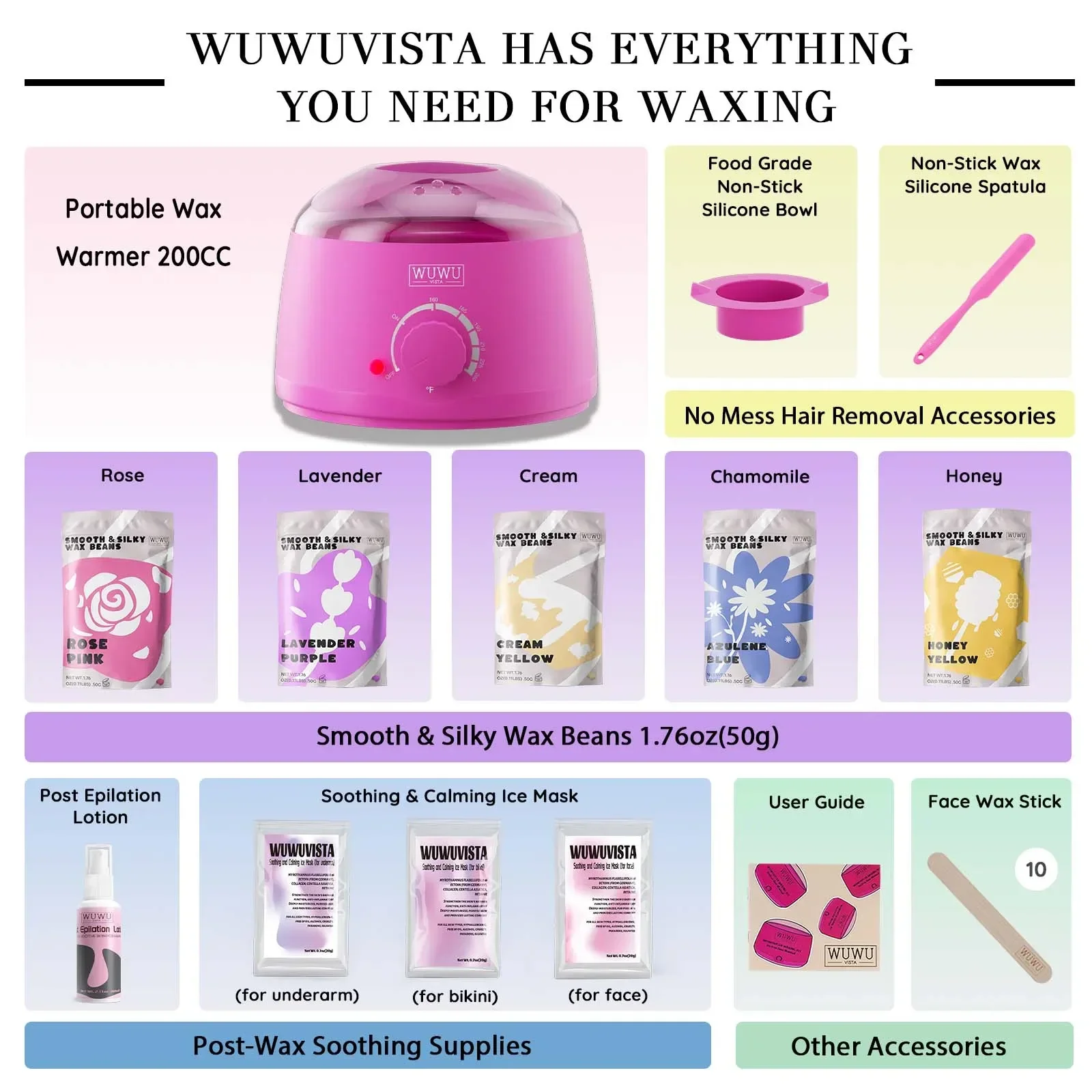 Waxing Kit WUWUVISTA EU Plug(23 items) Hair Removal Wax Kit Waxing Beads Face/Brazilian/Full Body/Bikini/Sensitiive skin hair removal wax hard wax beans hair removal tool beauty wax