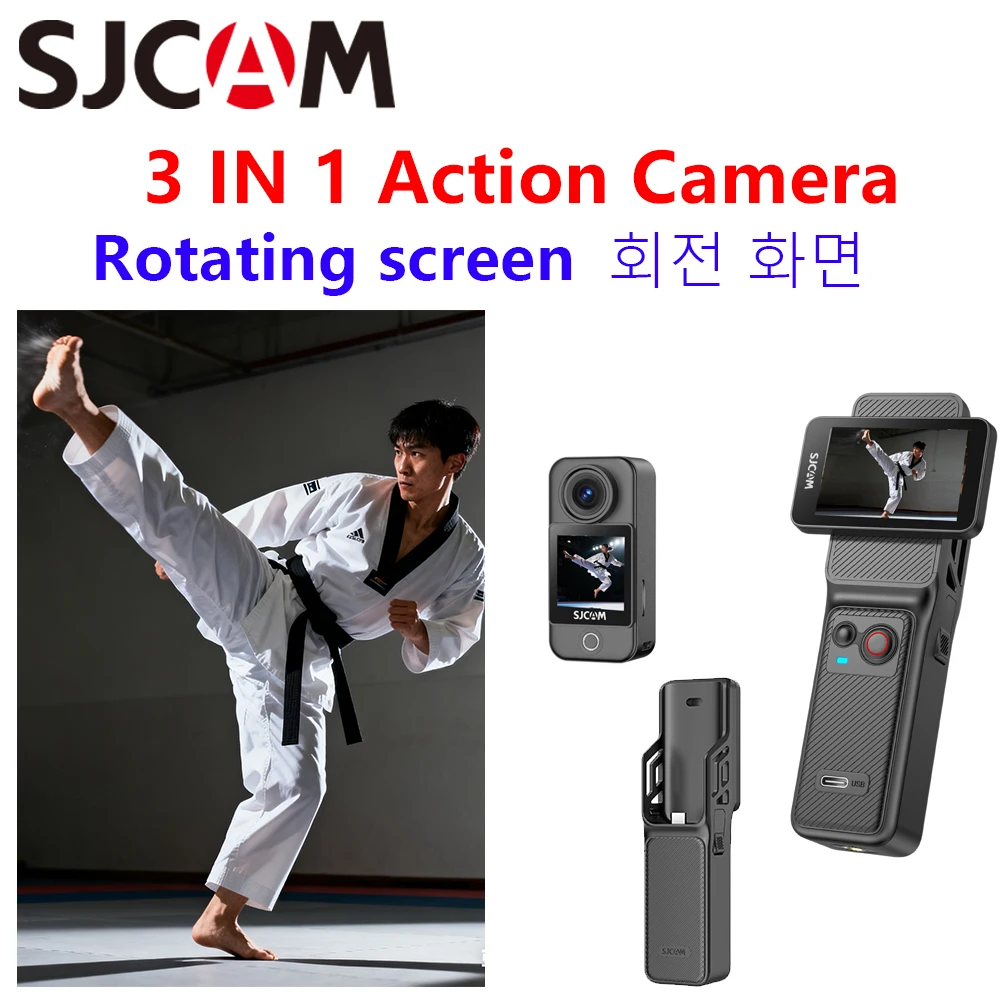 Caméra Action C400 Pocket 4K Ultra HD montrée sous différents angles avec son étui et accessoires