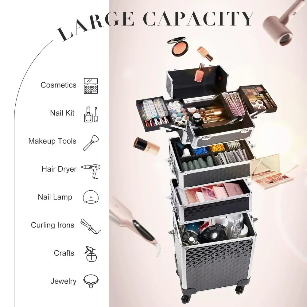 Rolling Makeup Train Case Large Storage Cosmetic Trolley with Key Swivel Wheels 4 in 1 Large Capacity Trolley Makeup Travel Case 3