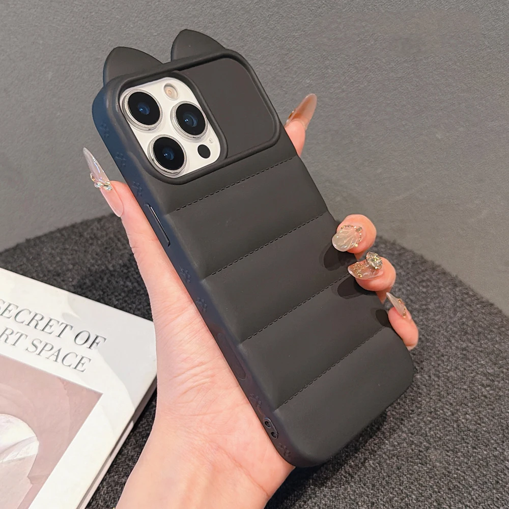 Adorable 3D Cat Ears Soft Phone Case with Down Jacket Shockproof Back Cover