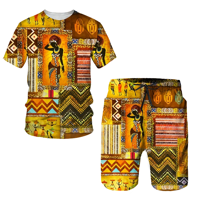 Men's African Style Summer Tracksuit Ethnic Totem Print T-Shirt Shorts Set Casual Clothing Vintage Oversized Fashion Outfits