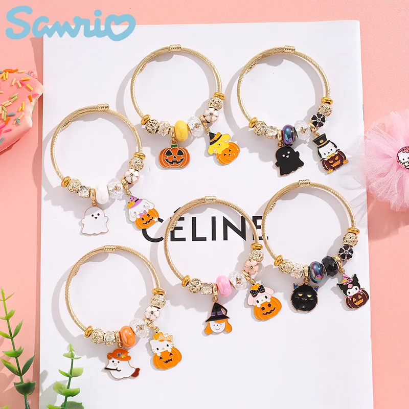 

Kawaii Sanrio Hello Kitty Halloween Bracelet Kuromi Pompompurin Cinnamoroll Stainless Hand Chain Jewelry Gift Exquisite Pendant