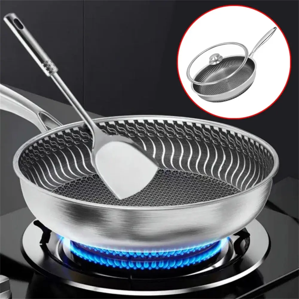 Frying Pan With Lid Tri-Ply Stainless Steel Frying Pan Stainless Steel Wok Pan Honeycomb Skillet Suitable for All Stove