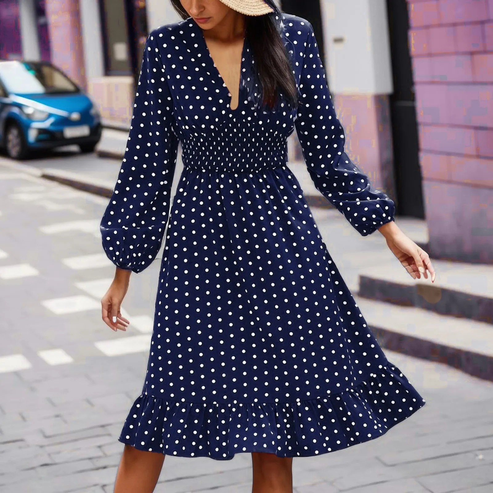 

Vintage Long Puff Sleeve Midi Dress Celmia Elegant Polka Dot Party Dress 2023 Women Fashion Button Up V Neck Waisted Long Robes