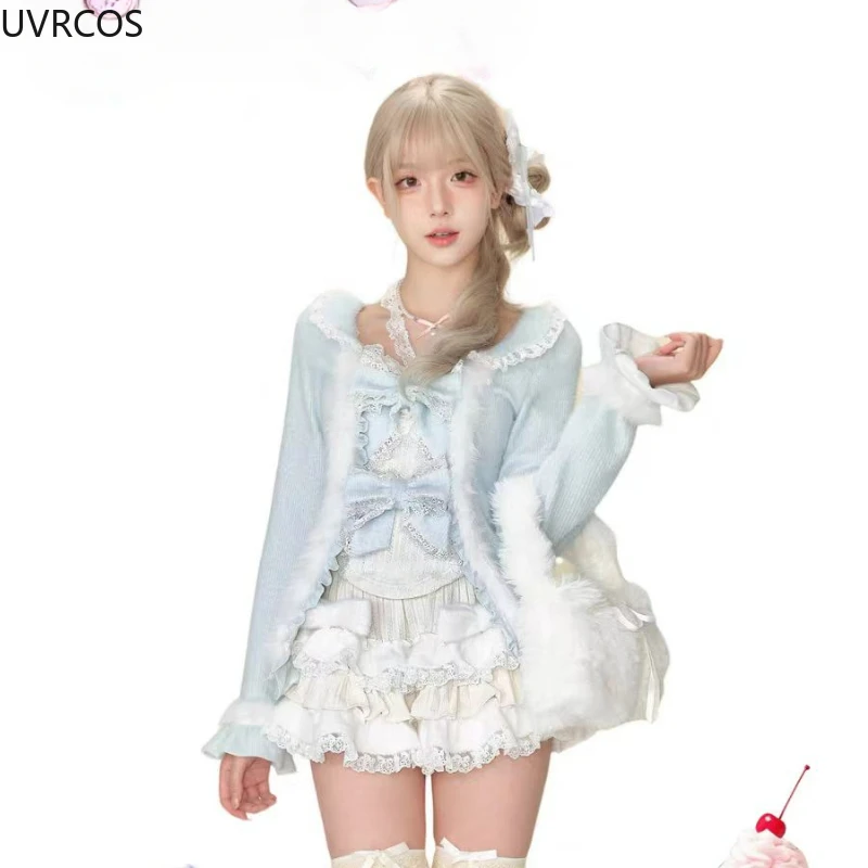 Sweet Lolita Lace Bow Plush Cardigan+ Sexy Slim Fit Strapless Vest Tops+ High Waist Ruched Skirts Early Winter Three Piece Sets 3