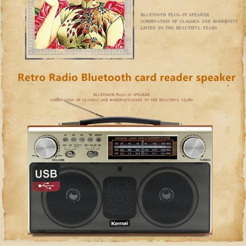 MD-1702BT Wood Retro Wireless Bluetoothsound Box Home Desktop Outdoor Mini Subwoofer Card Speakers FM Radio For the Elderly