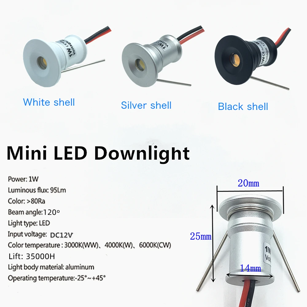 IP65 방수 1W 미니 LED 다운라이트 디밍 가능 12V 스포트라이트 실내외 천장 캐비닛 DIY 계단 스팟 조명 블랙 화이트