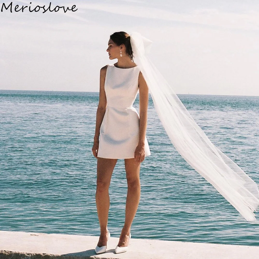 

Merioslove Mini Wedding Dresses O-Neck Sleeveless Short Bride Dress Beach Civil Wedding Gown vestido de novia 2024