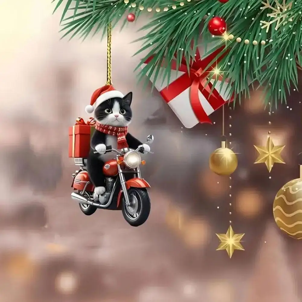 Motorcycle Cat Acrylic Hanging Decoration Christmas Tree Car 2D Flat Riding Kitten Hanging Ornament Cartoon Pendant For Christma 1