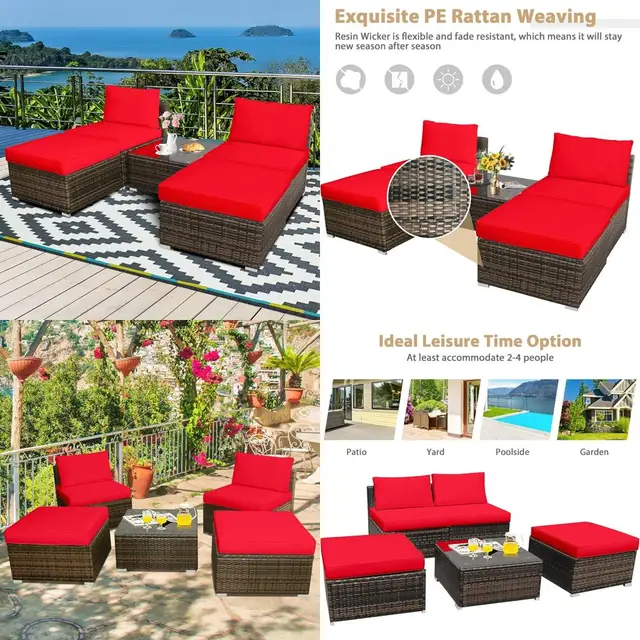 outdoor rattan wicker 5-piece chaise lounge set with ottoman and coffee table for daybed conversations 1