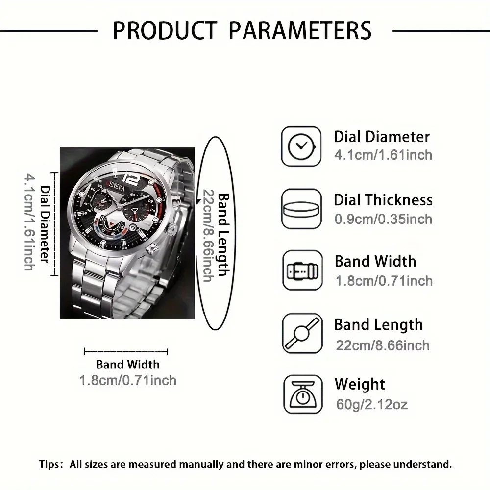 2pcs fashionable quartz watch sets, business style with date display, analog dial, zinc alloy case, stainless steel strap,