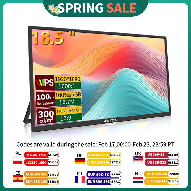 HGFRTEE 18,5-calowy przenośny monitor 100 Hz z EU za $92.24 / ~374zł