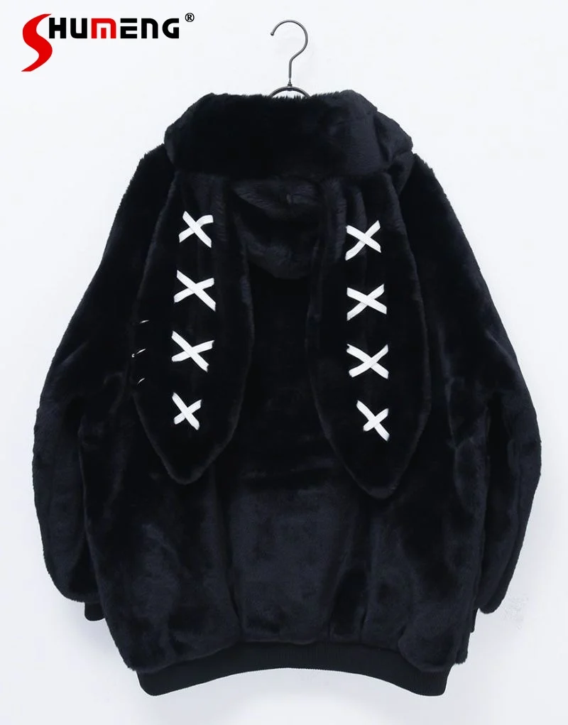 Japanese Style Subculture Y2k Faux Fur Coat Harajuku Mine Style Cute Rabbit Ear Imitation Fur Plush Hooded Jacket Fluffy Jackets
