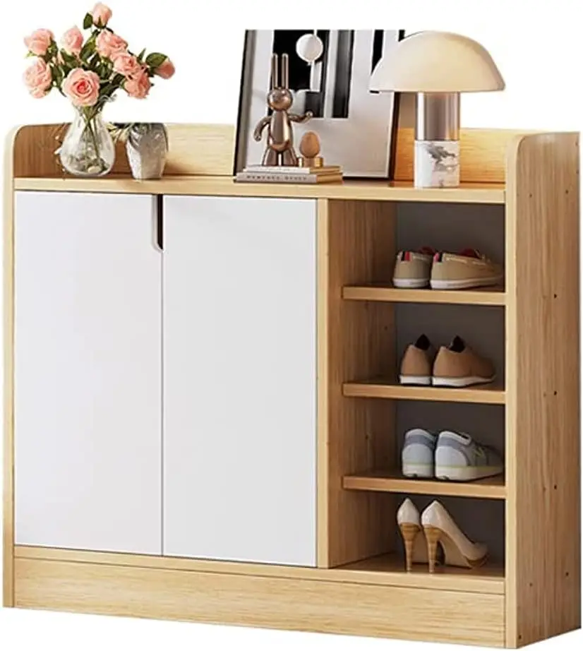 خزانة أحذية بسيطة، رف تخزين أحذية متعدد الوظائف، مقعد تخزين أحذية مع بابين، خزانة تخزين خشبية لمدخل المنزل، ها