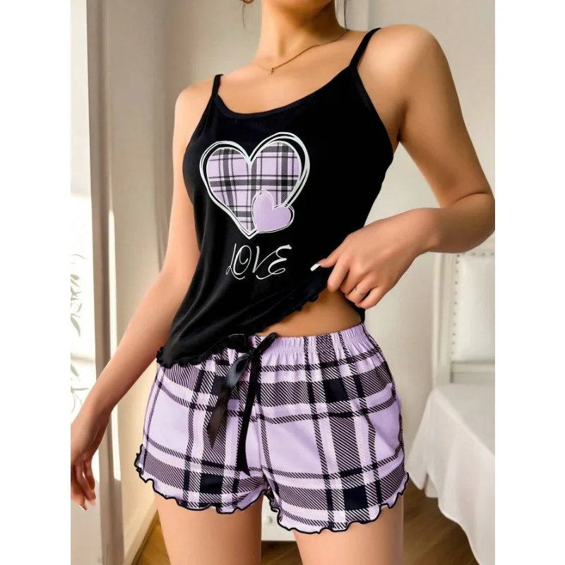 Women Sexy Suspender Shorts Thin Pajamas Letter Print Plaid Shorts Large Pajamas Romantic Home Wear Sexy Nightwear Short Pajama 6