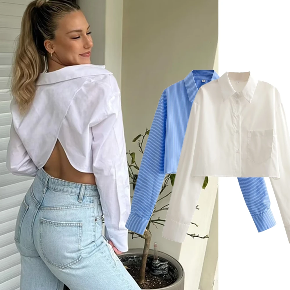 

Jenny&Dave 2024 Summer High Street Casual Tops For Women Fashion Girls Blouse Striped Back Slit Short Shirt