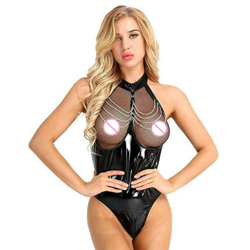 Sexy Lingerie Crotchless Latex Catsuit Fishnet Clothing Open Crotch Jumpsuit Patent Leather Breast Exposing Bodysuit