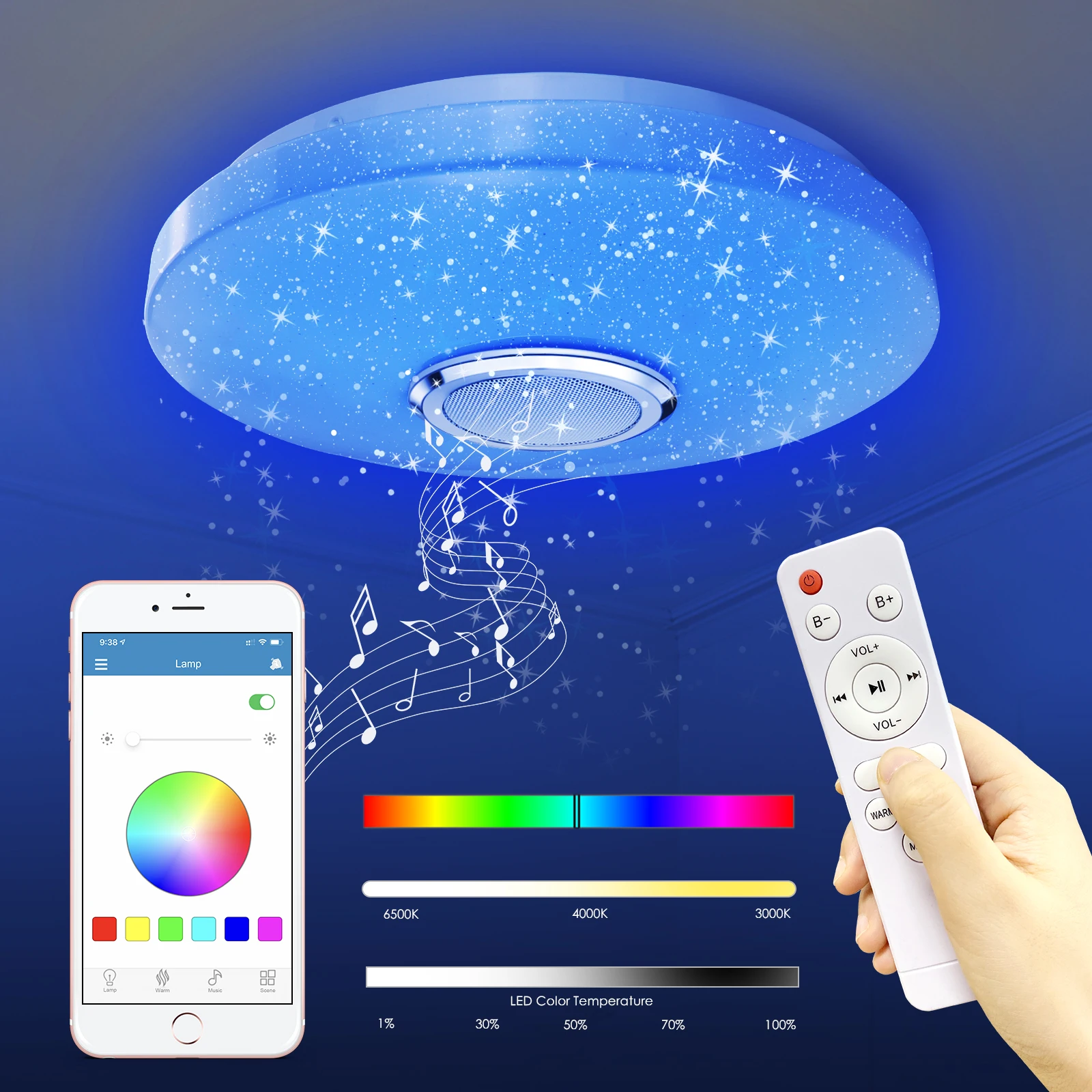 Plafonnier LED rond avec télécommande intelligente, lumière d’ambiance, lumière à intensité réglable, avec minuterie, i