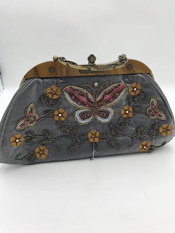 Lost in Vintage Inspired Grey Butterfly Embroidered Beaded Clutch