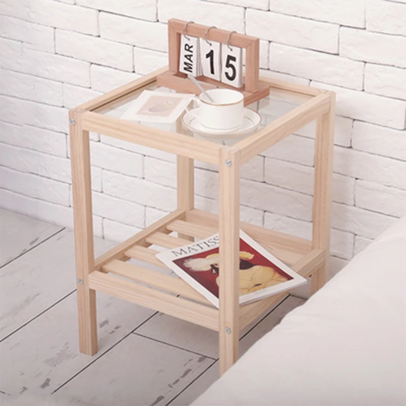 Simple Bedside Table Small Partment Solid Wood Bedside Frame Bedroom Transformation Tempered Glass Rack Practical Table