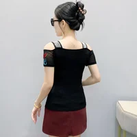 New European Clothes Women's T-shirts Fashion Sexy Off Shoulder Hot Drill Mesh Tops Short Sleeve Summer Elastic Tee - Image 2