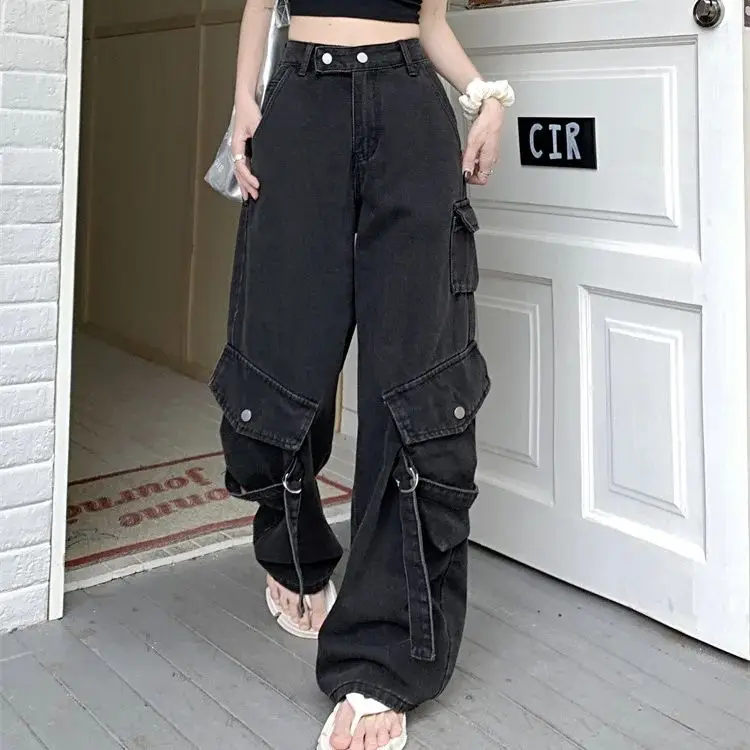 

2024 new summer style loose wide-leg butterfly print washed blue straight floor-length denim trousers for women