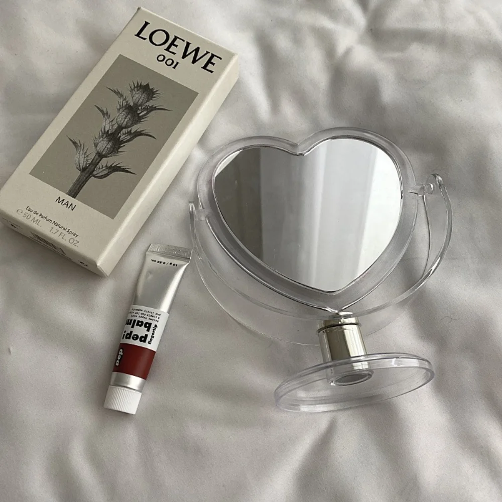 아크릴 양면 메이크업 거울, 귀여운 하트 모양 화장품 거울, 투명 베이스, 홈 침실 데스크탑 메이크업 거울, 1 개