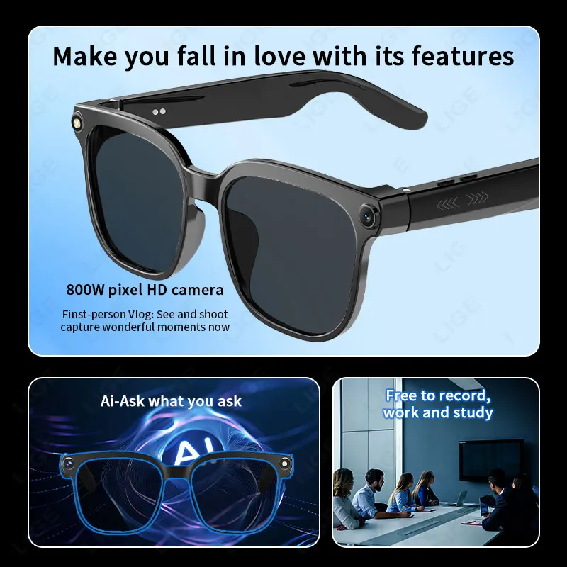 LIGE New 8MP Camera AI Glasses Men Smart Translation Glasses 1080P Video Recording AI Voice Control Waterproof Call Sunglasses