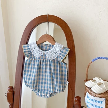 Summer Baby Girls Jumpsuit Lacy Blue Plaid Short Sleeve Infant Bodysuit Baby Clothes 0-24 Months Casual and versatile style 1