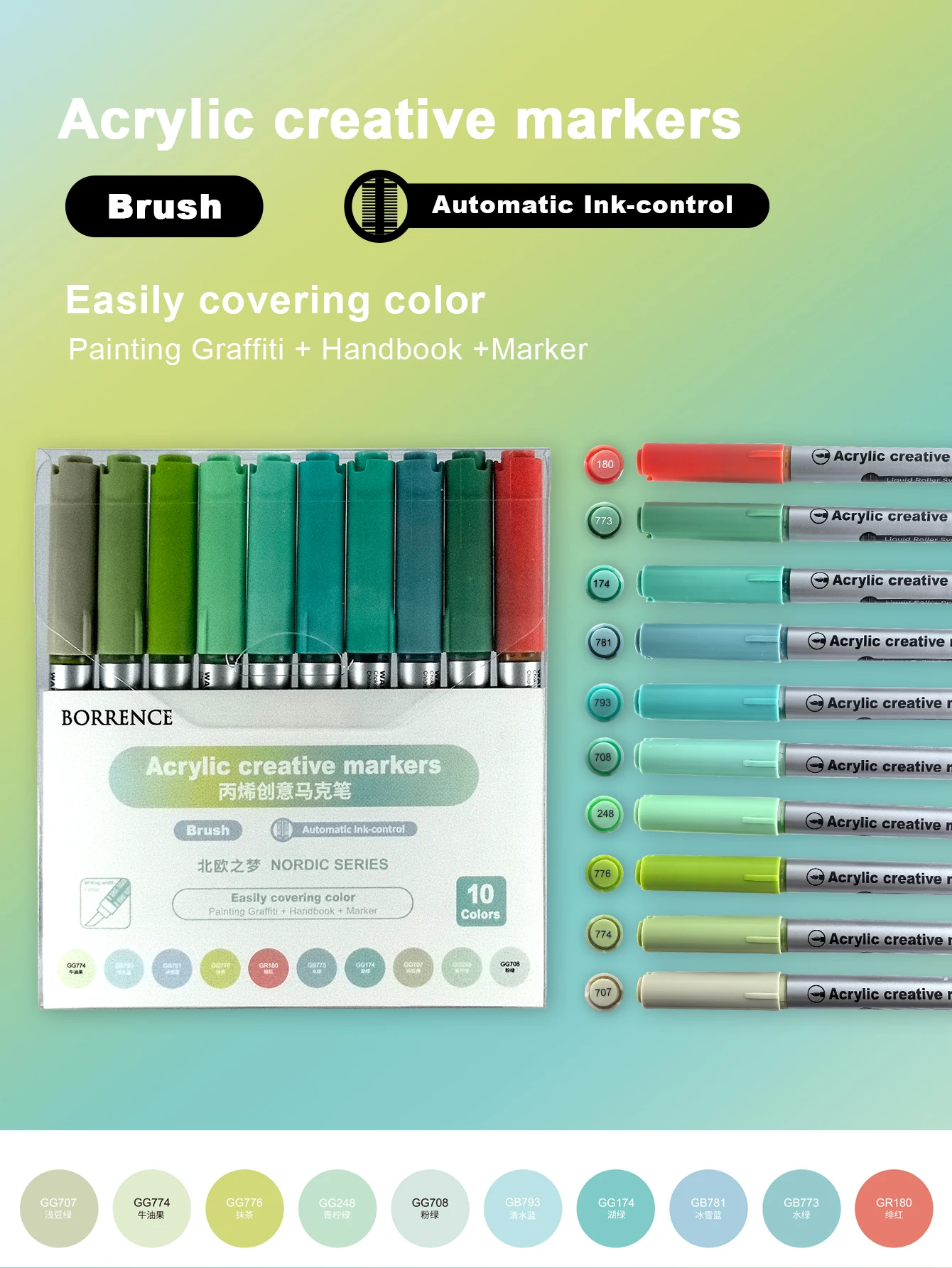 Vibrant Acrylic Brush Markers Set with Automatic Ink Control - 10 Colors