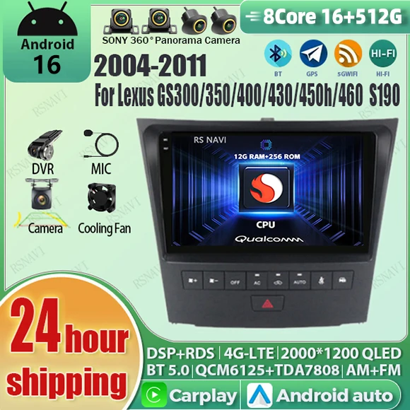 Radio para Auto con Android 16, Carplay, Pantalla Qualcomm 2K, Reproductor para Lexus GS GS300 350 400H 2004-2011, GPS, Wifi, Estéreo, Multimedia, DSP 1