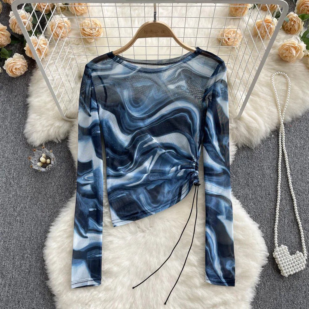 ★ILLIGO★ Mesh Sheer Layered Tee Blue Women Mesh Tie Dye Long Sleeve T Shirt Bodycone Sheer O Neck