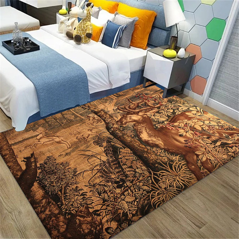 

HX Hunting Deer Carpet Forest Wildlife Elk 3D Printed Carpets for Living Room Flannel Indoor Hallway Floor Mat Bath Rugs