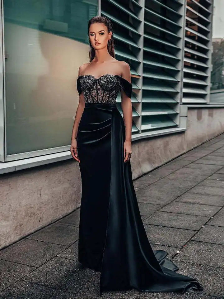 Sexy Backless Evening Party Dress For Women Black Lace Chest Wrapping Off The Shoulder Split Mermaid Prom Gown Maxi Dresses