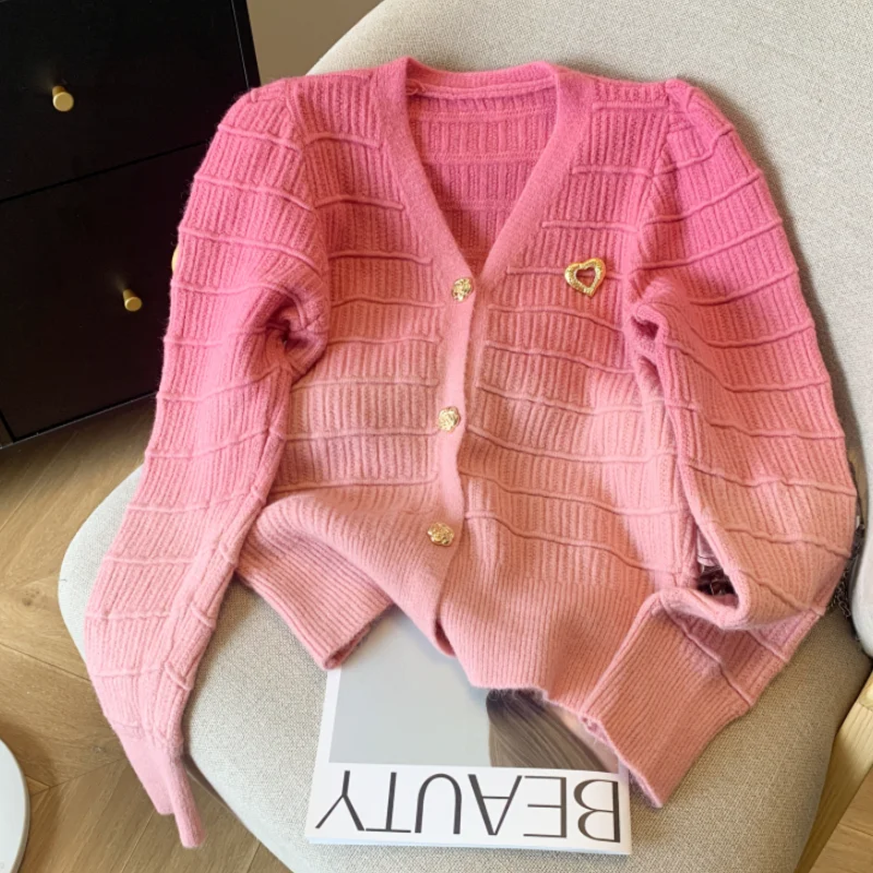 

Women Pink Clothing Vintage Knitting Sweater Jacket Long Sleeve Casual Chic Overcoat Fashion Baggy Female 2024 Winter NEW Tops