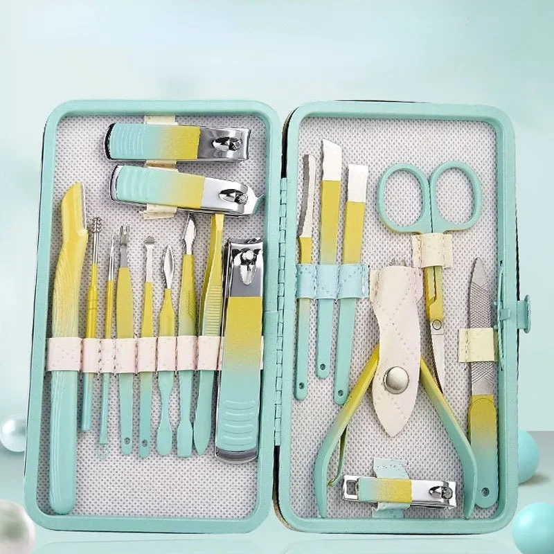 

7-18pcs/set Nail Cutter Set Stainless Steel Nail Clippers Set Folding Bag Manicure Kits Gradient Colors Manicure Set