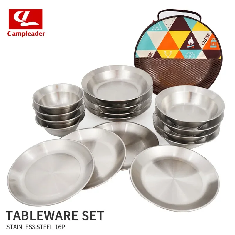 Outdoor Stainless Steel Dinnerware Set 16 Pieces Camping Portable Barbecue Plate Home Use Soup Bowl Plate