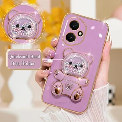 Cute Plating Quicksand Bear Holder Phone Case - Shockproof Silicone Stand Back Cover for HONOR 400 Pro (CZX Cherry Purple)