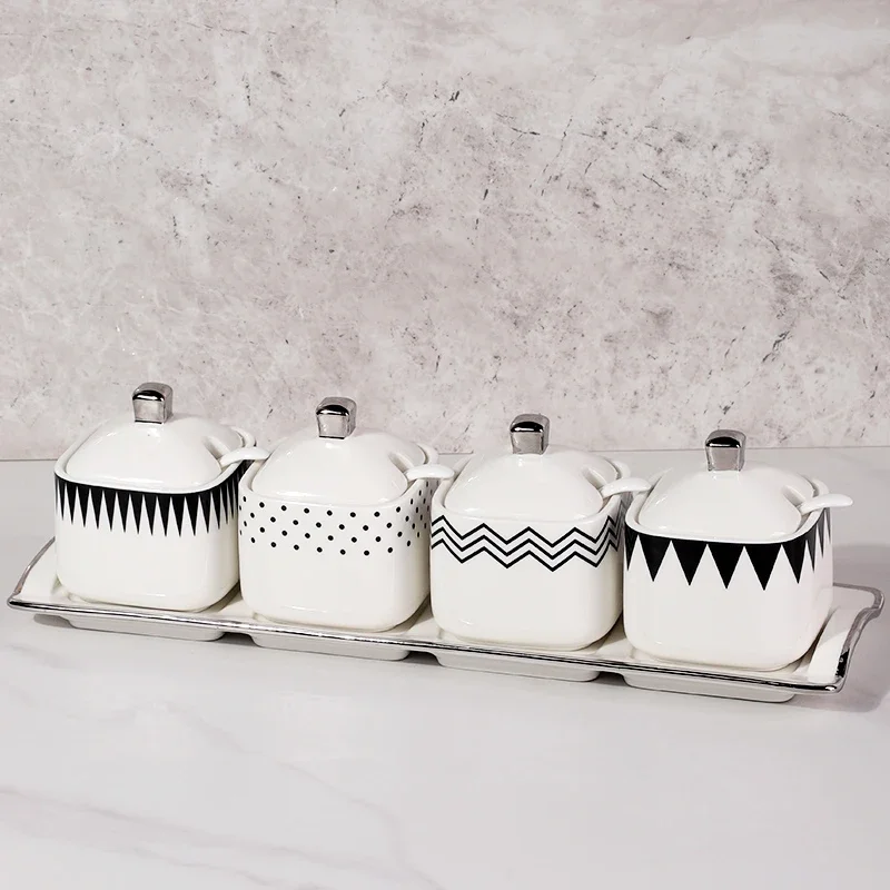 Modern Black and White Irregular Pattern Ceramic Spice Jar Bottle Household Kitchen Salt Sugar Seasoning Box Grain Jar Container