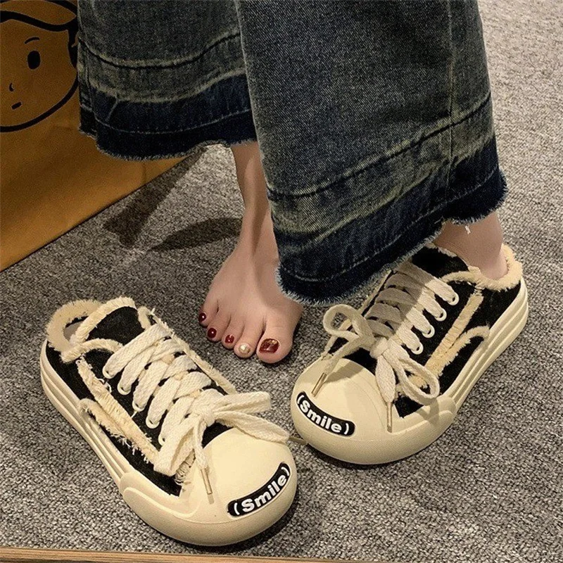2023 New Summer All-match Beggar Shoes Temperament Baotou Half Slippers Women's Outer Wear Canvas Shoes