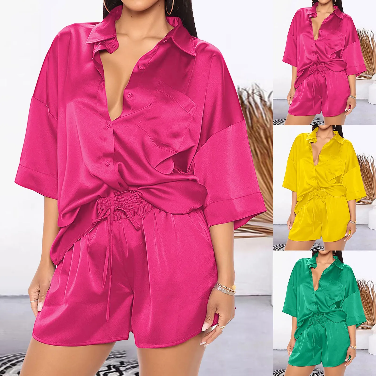 

Solid Color Shorts Suits Woman Fashion Long Sleeve Shirt And Short Pants Suit Two Piece Set Female Casual Outfit