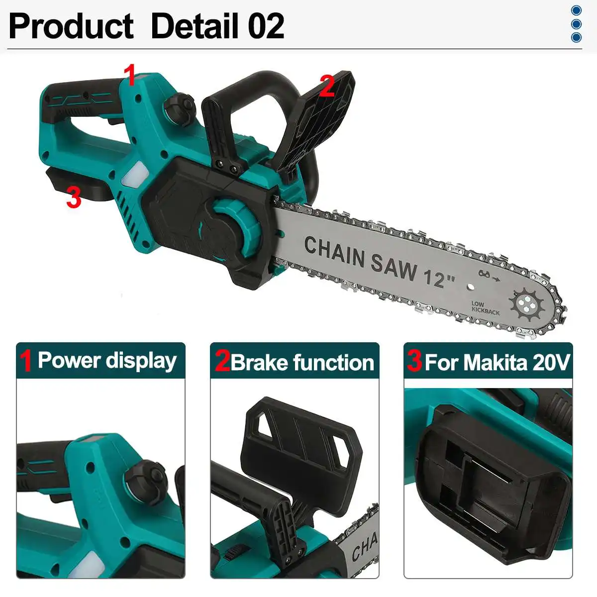 12 인치 브러시리스 전기 체인 톱 전원 디지털 디스플레이 Makita 20V 배터리 용 무선 전기 톱 정원 나무 가지 절단