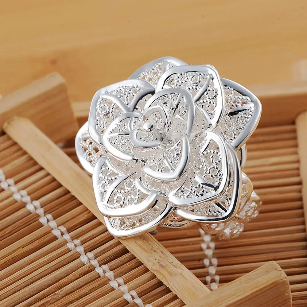 925fashion Gold color simple elegant silver hollow Rose jewelry ring women lady gift cute wedding R116 wedding rings silver ring womens ring finger rings jewelry rings ring jewelry