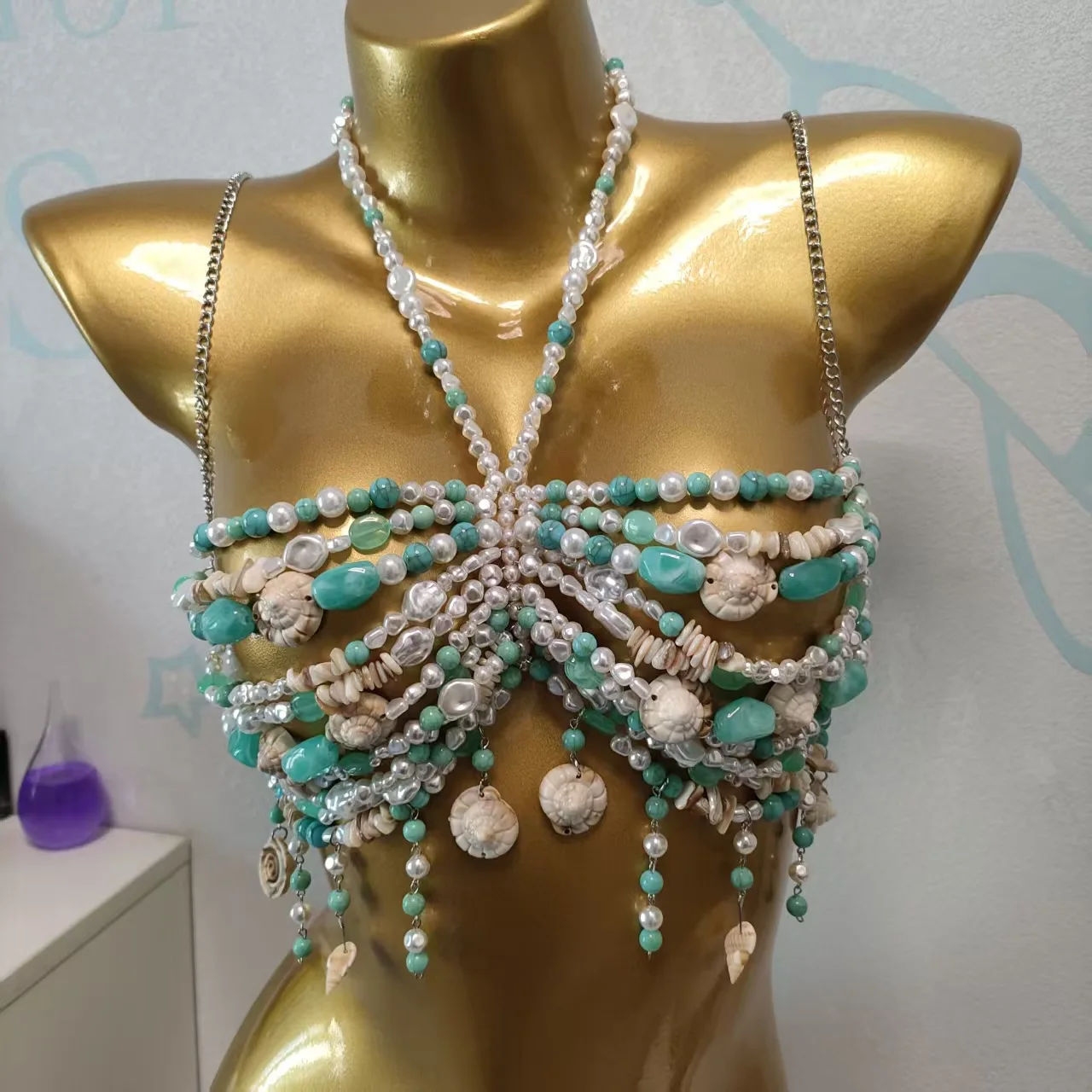 Handmade Beaded Top For Music Festival, Summer Beach Sexy Hollow Neck Hanging, Body Chain Bikini Beaded Strapless Outfit 1