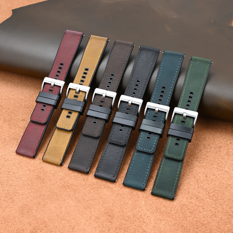 Vintage Crazy Horse Leather & Rubber Waterproof Quick Release Strap - Universal Retro Watch Band