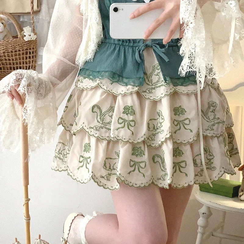 

Summer Japanese Kawaii Sweet Mini Skirt Women Sweet Bow Bunny Embroidery Cute Skirts Female Elegant Layered Lolita Fairy Skirts