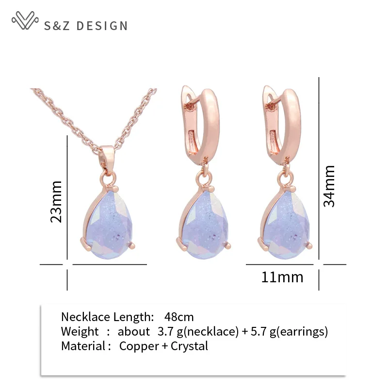 S&Z DESIGN New Fashion Water Drop Crystal 585 Rose Gold Color Dangle Earrings Jewelry Sets For Women Trendy Pendant Necklace