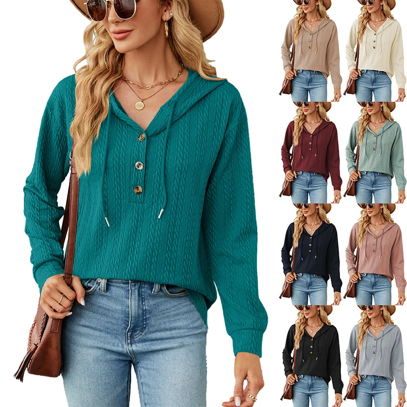 

2023 Autumn and Winter New Women Sweater Solid Hooded Button Loose Long Sleeve Sweater V-neck Fashion Casual Clothing Outside