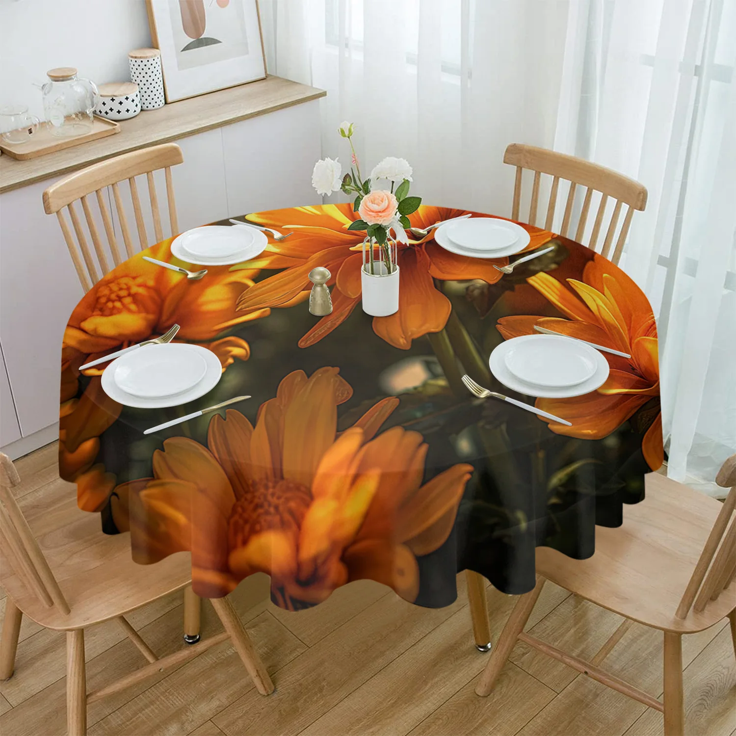 

Chrysanthemum Flower Round Tablecloth Waterproof Wedding Party Table Cover Holiday Dining Table Tablecloth