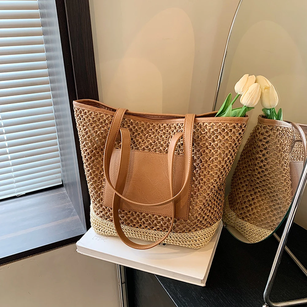 Summer Women's Tote Bags PU Leather Purses for Women Raffia Woven Crochet Large Shopping Bag Ladies Straw Shoulder Handbags 2024